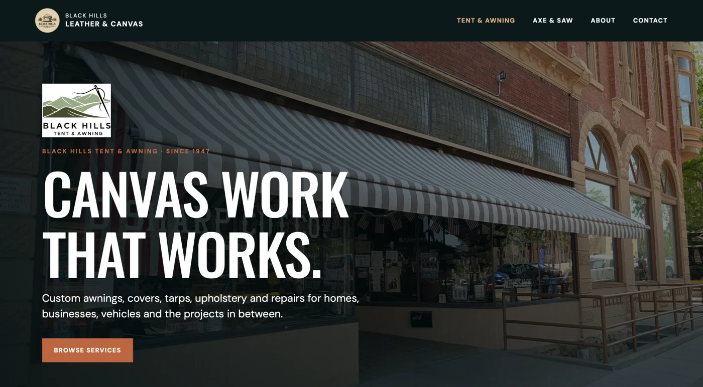 Black Hills Leather & Canvas website homepage