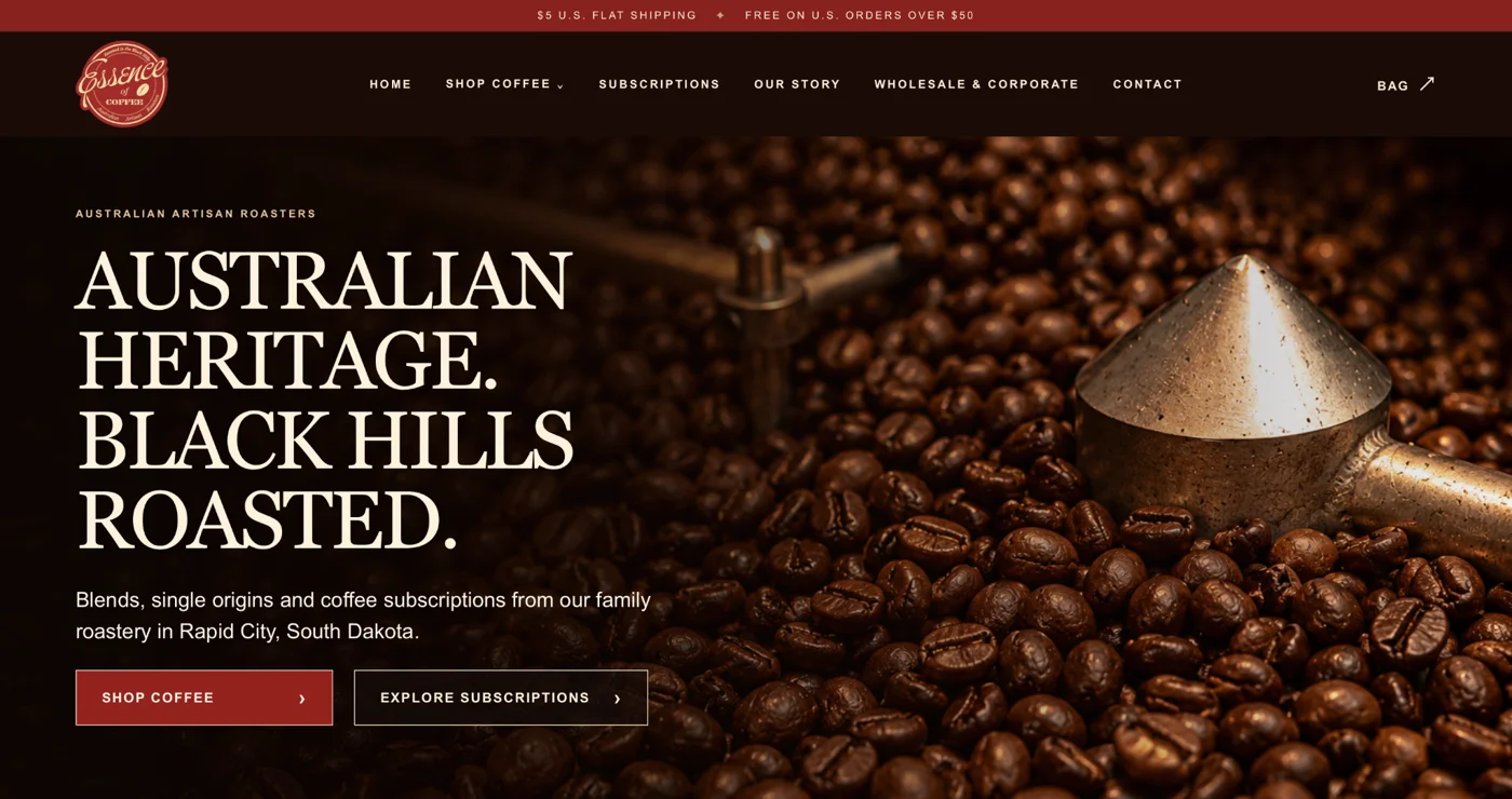 Essence of Coffee Roasters website homepage