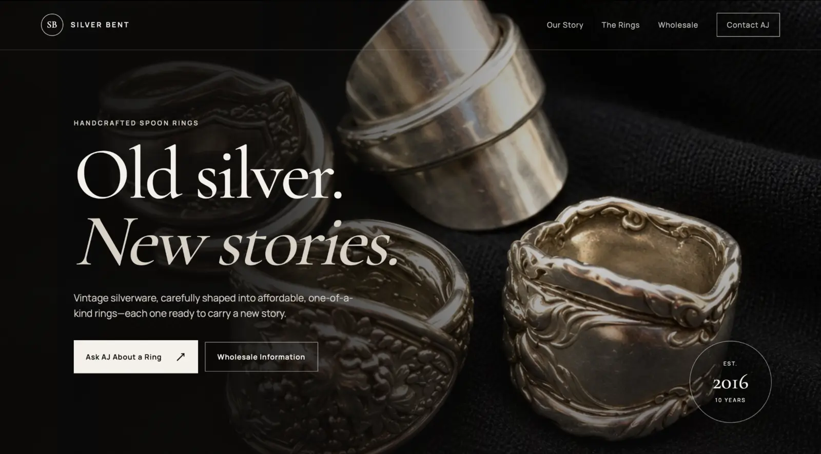 Silver Bent handcrafted spoon ring website homepage